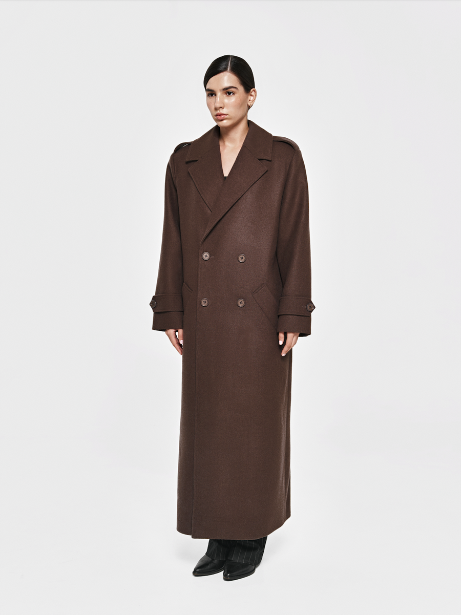 Long maxi double-breasted cashmere coat in chocolate color