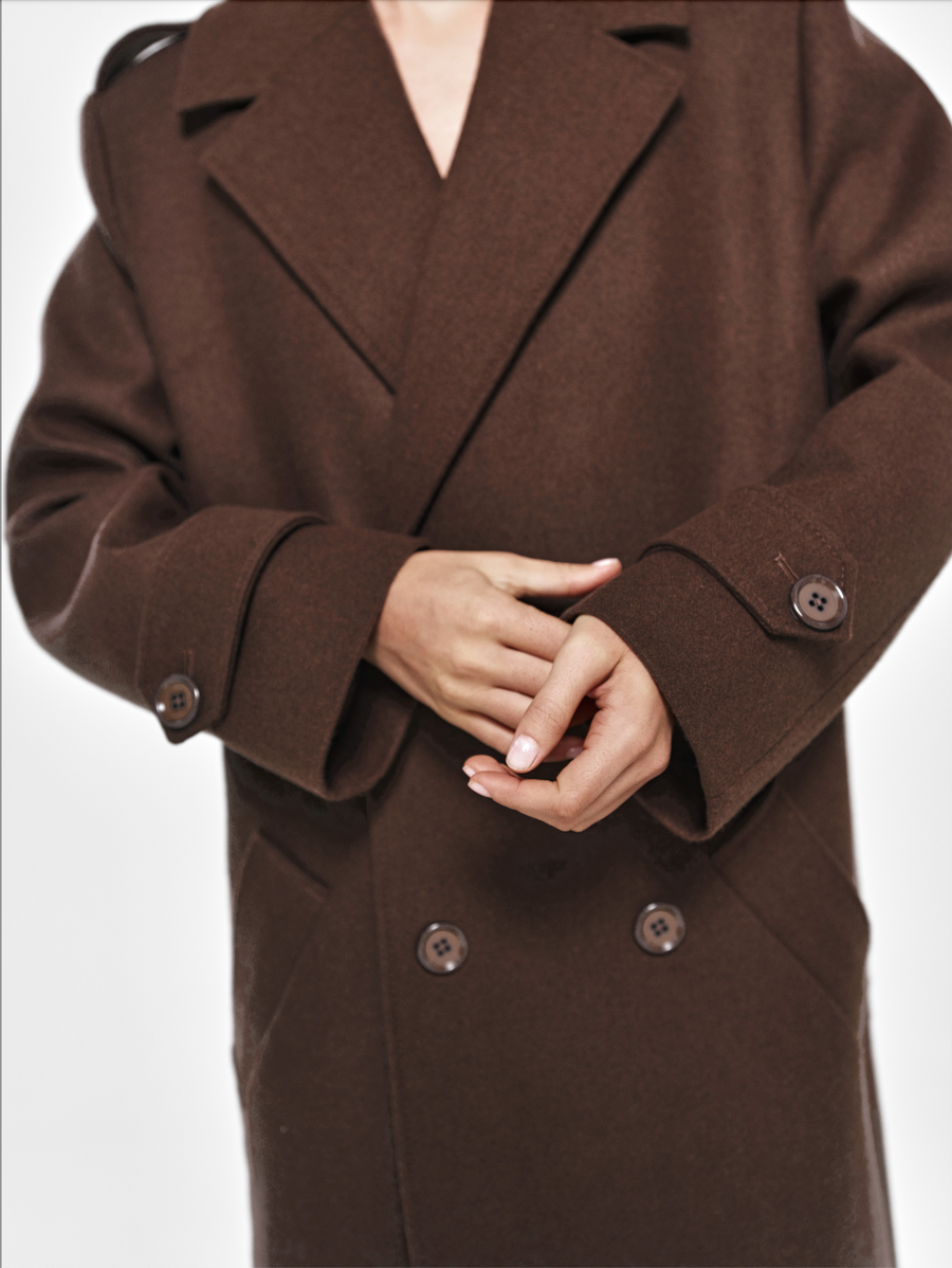 Двобортне кашемірове пальто в довжині максі шоколадного кольору

