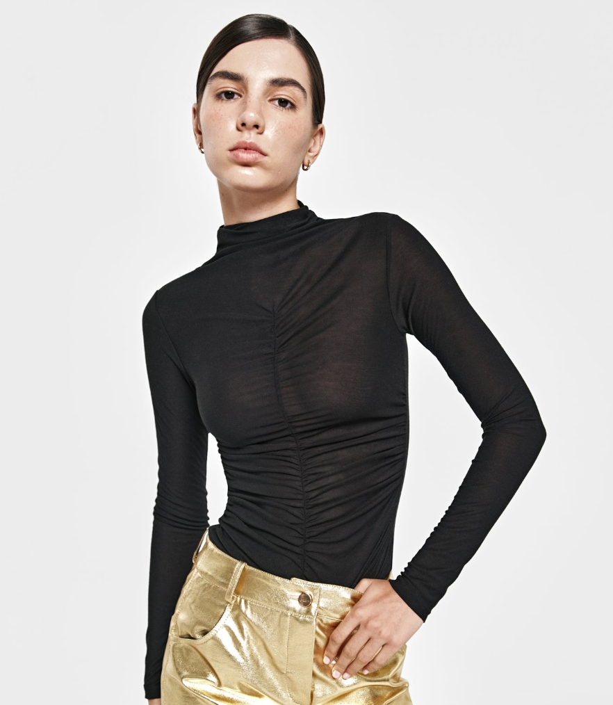 Black long-sleeve top with front drawstring
