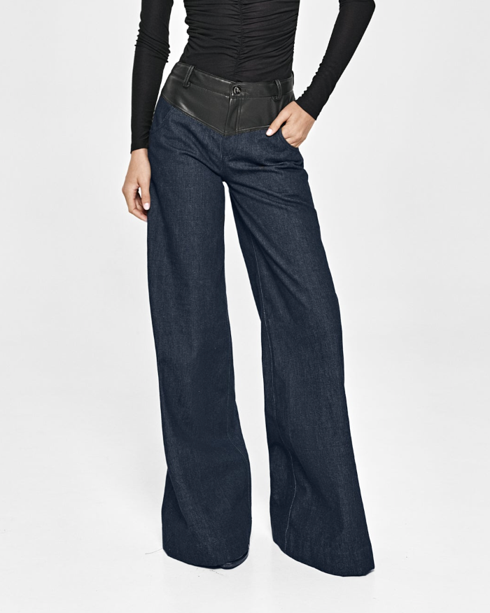 Wide cotton jeans made with inserts from eco-leather