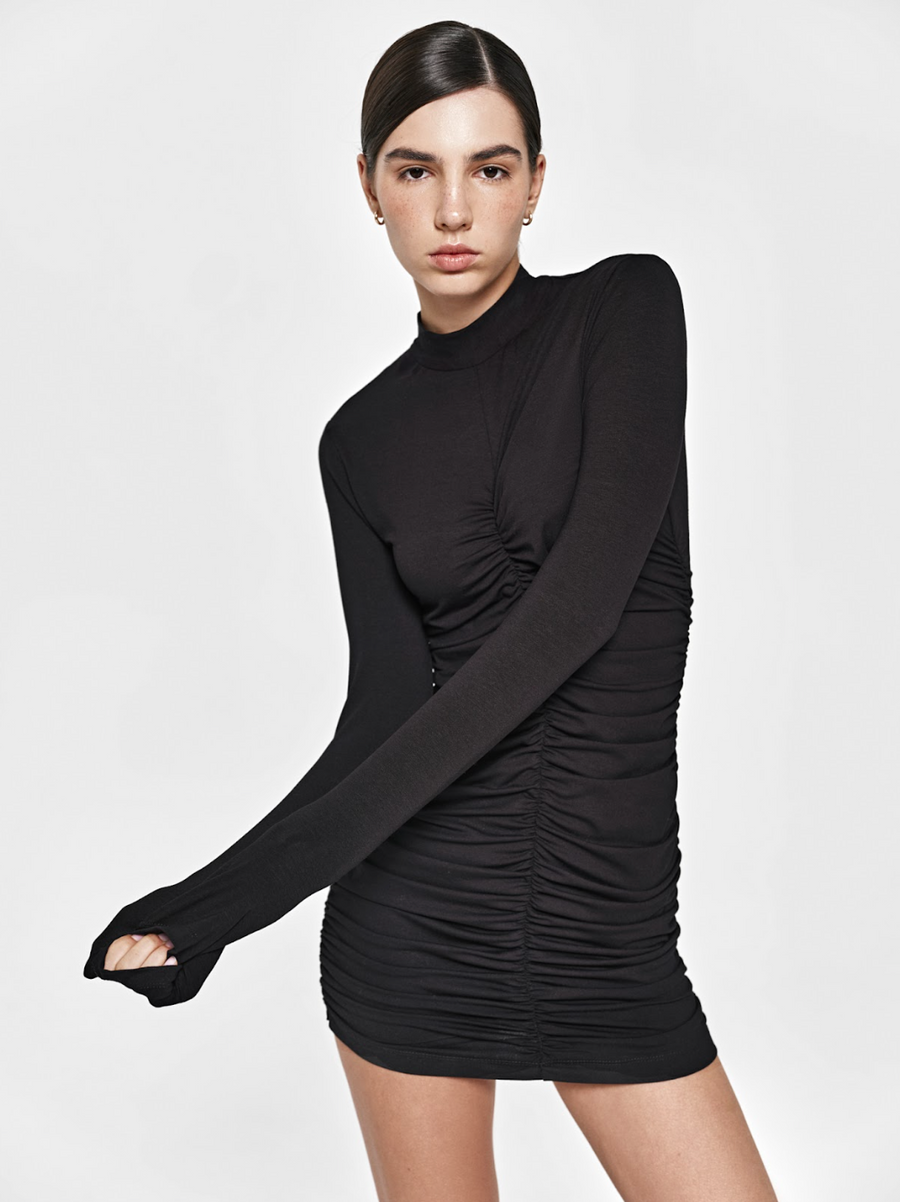 Black mini dress with drapery long sleeves