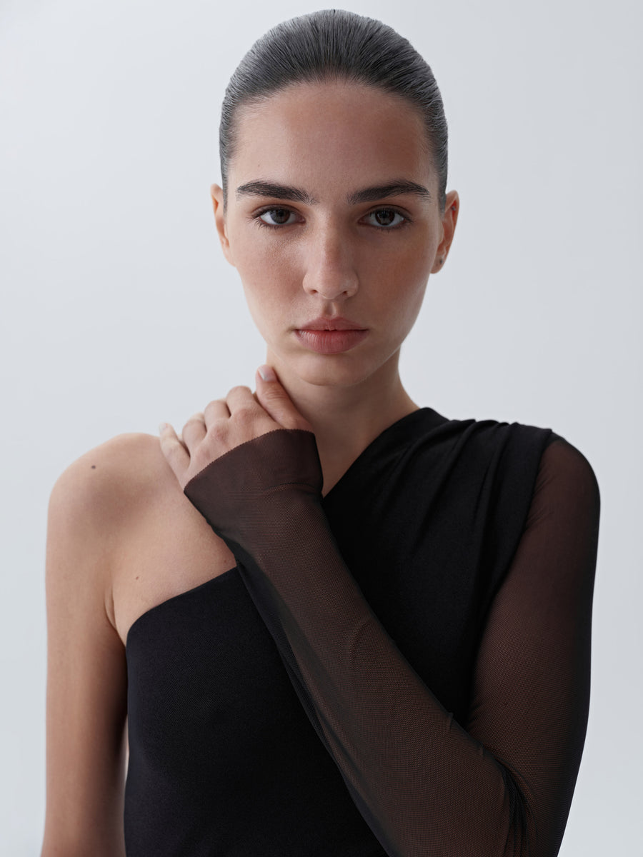 Asymmetrical dress with one-shoulder drapery