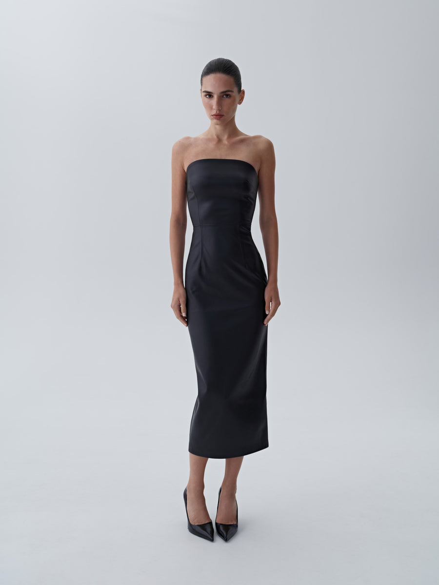 Eco-leather midi dress with a fastener on the back