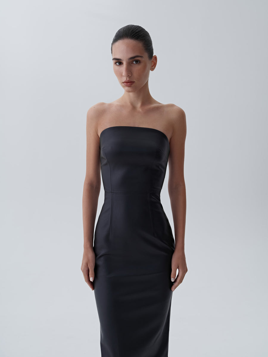 Eco-leather midi dress with a fastener on the back