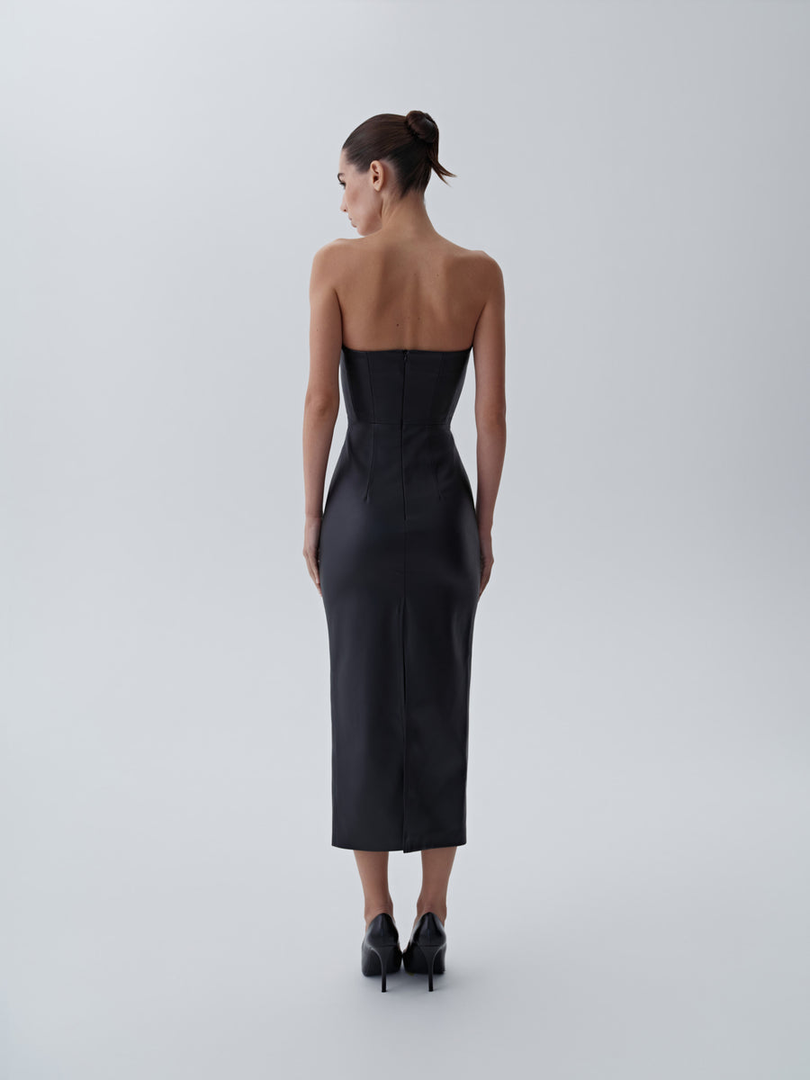 Eco-leather midi dress with a fastener on the back