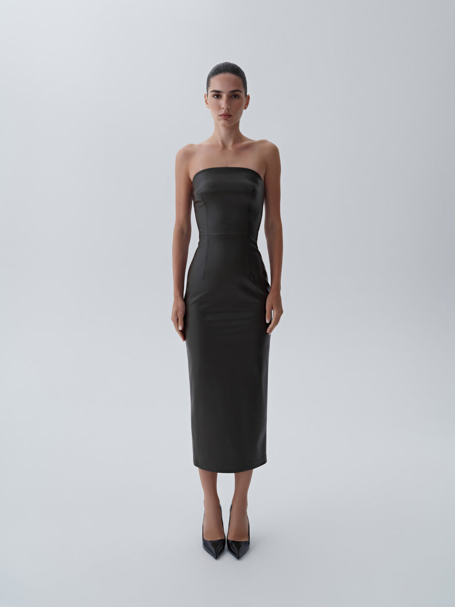 Eco-leather midi dress with a fastener on the back