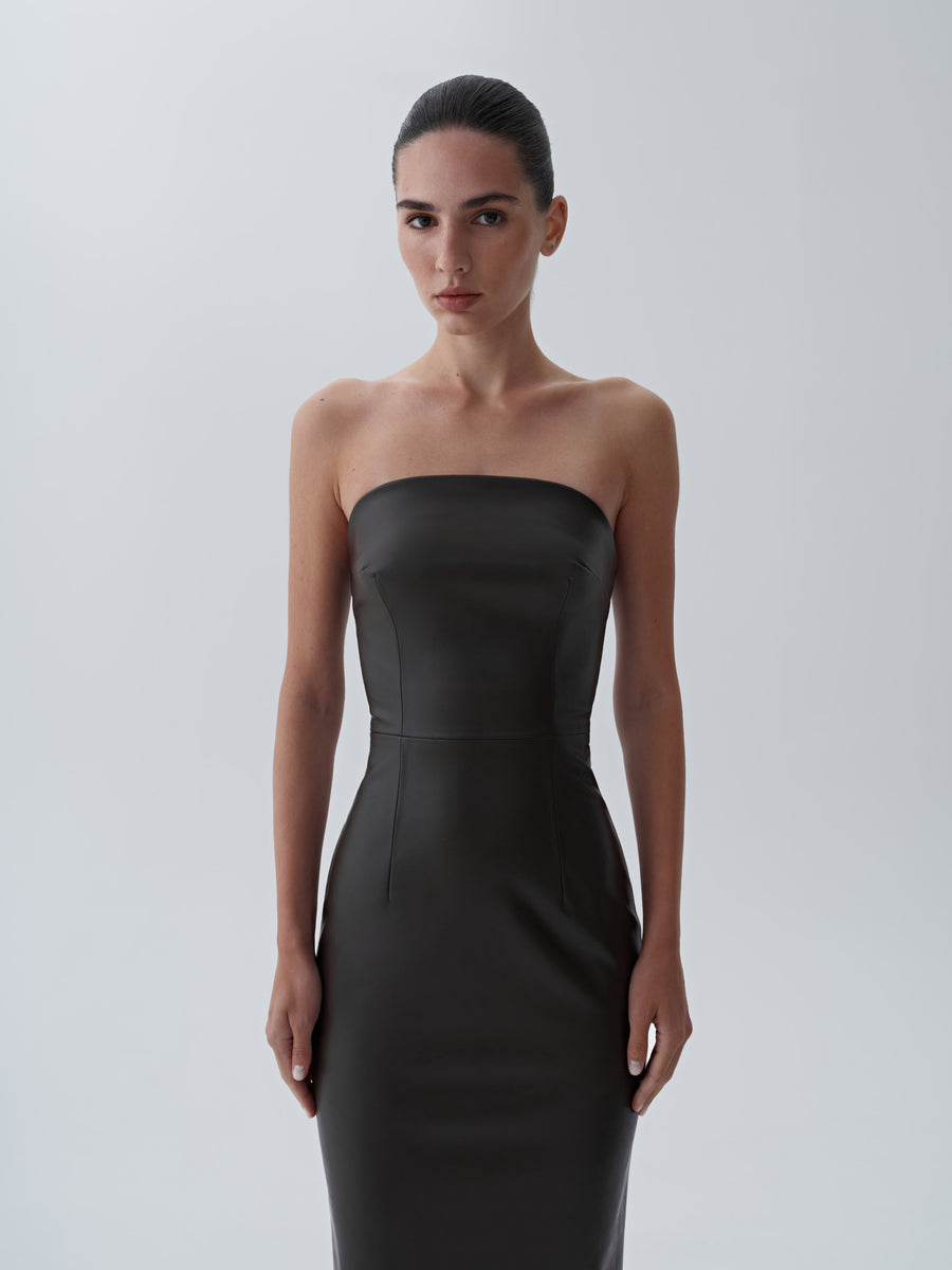 Eco-leather midi dress with a fastener on the back