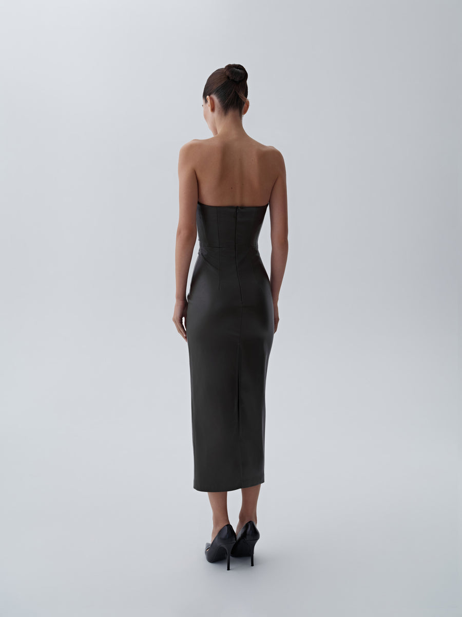 Eco-leather midi dress with a fastener on the back