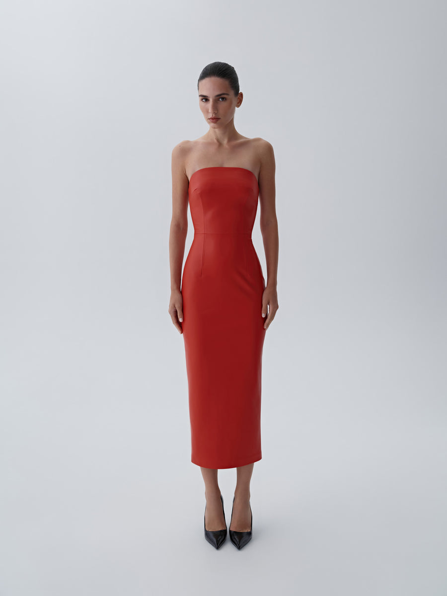 Eco-leather midi dress with a fastener on the back