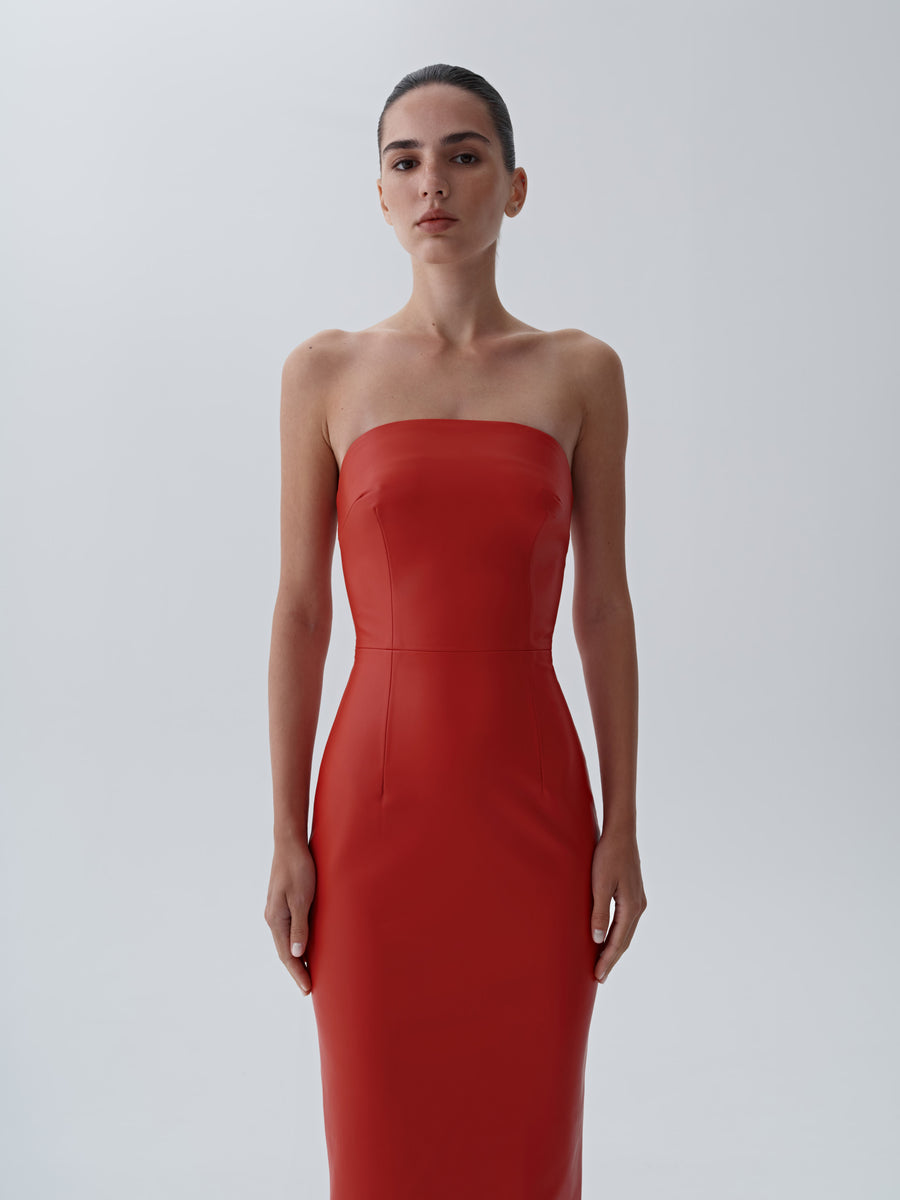 Eco-leather midi dress with a fastener on the back
