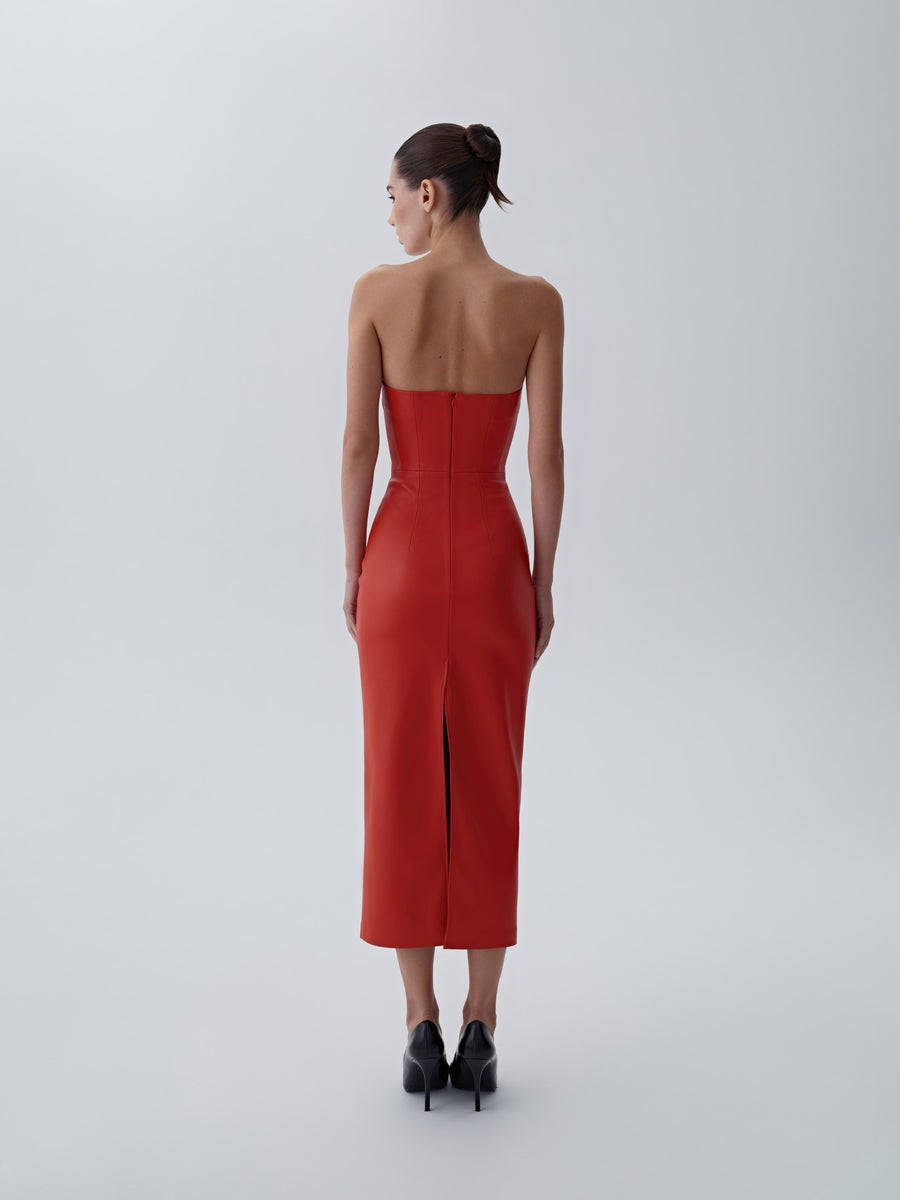 Eco-leather midi dress with a fastener on the back
