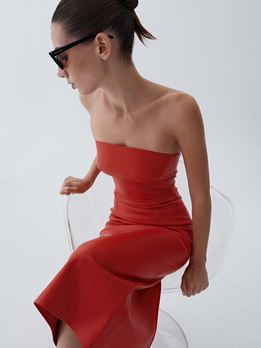 Eco-leather midi dress with a fastener on the back