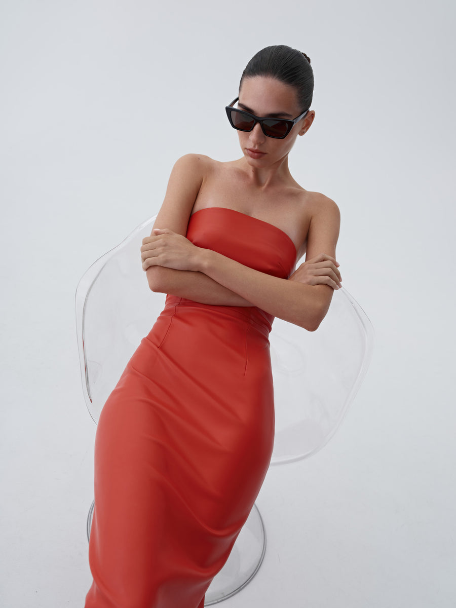 Eco-leather midi dress with a fastener on the back