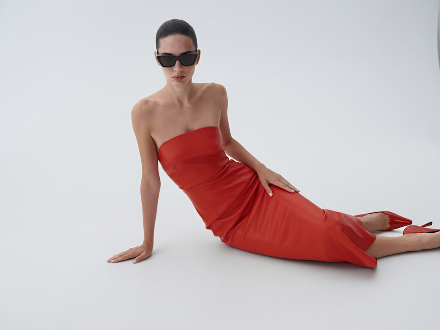 Eco-leather midi dress with a fastener on the back