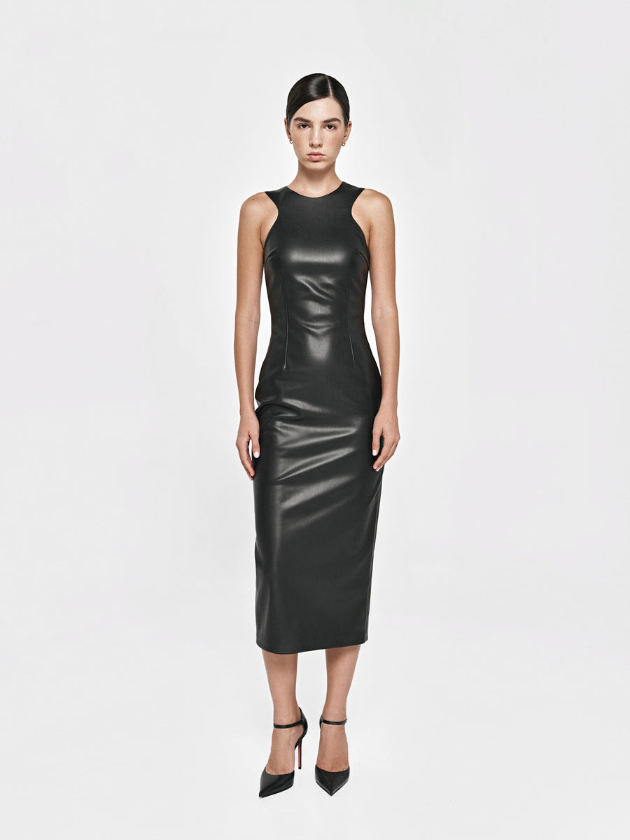 Midi dress made of eco-leather with a fitted silhouette