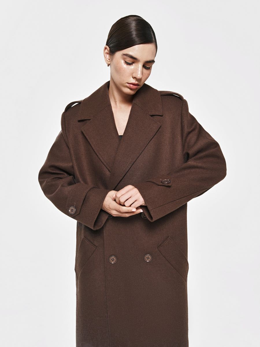 Long maxi double-breasted cashmere coat in chocolate color