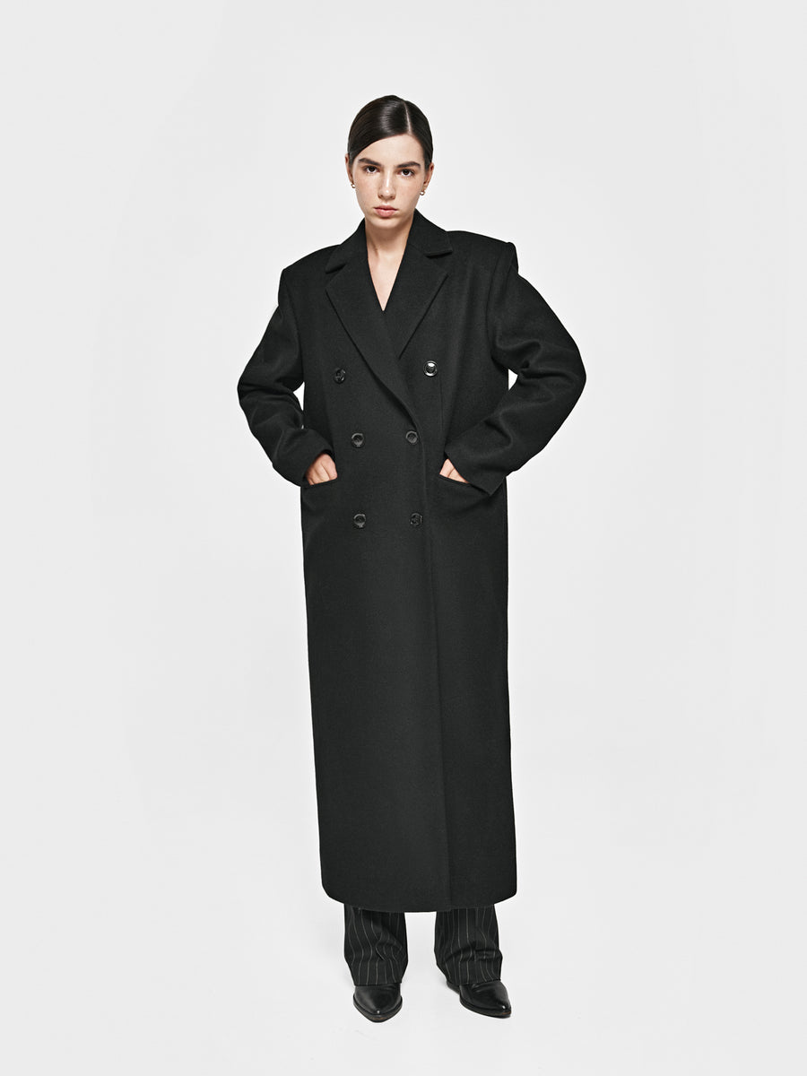 Black double-breasted maxi coat with cashmere