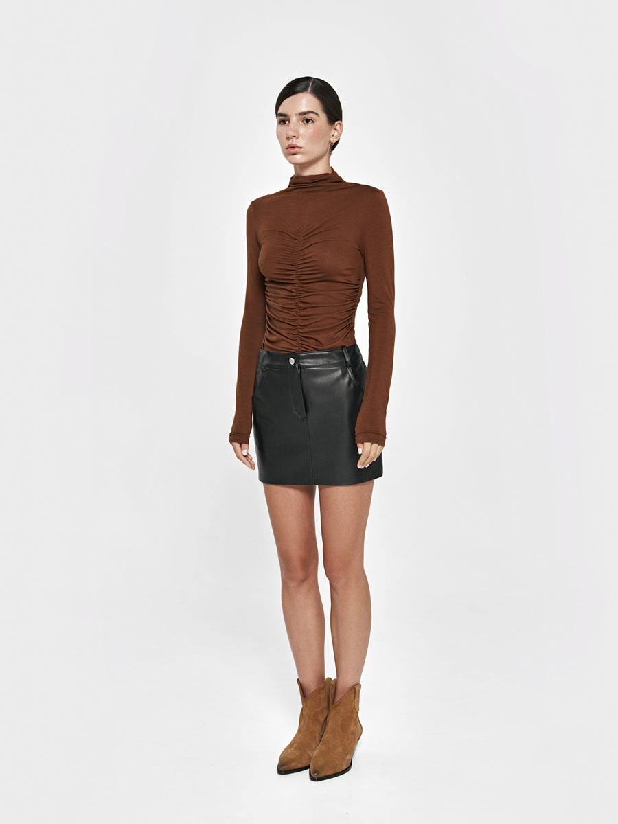 Brown long-sleeve top with front drawstring