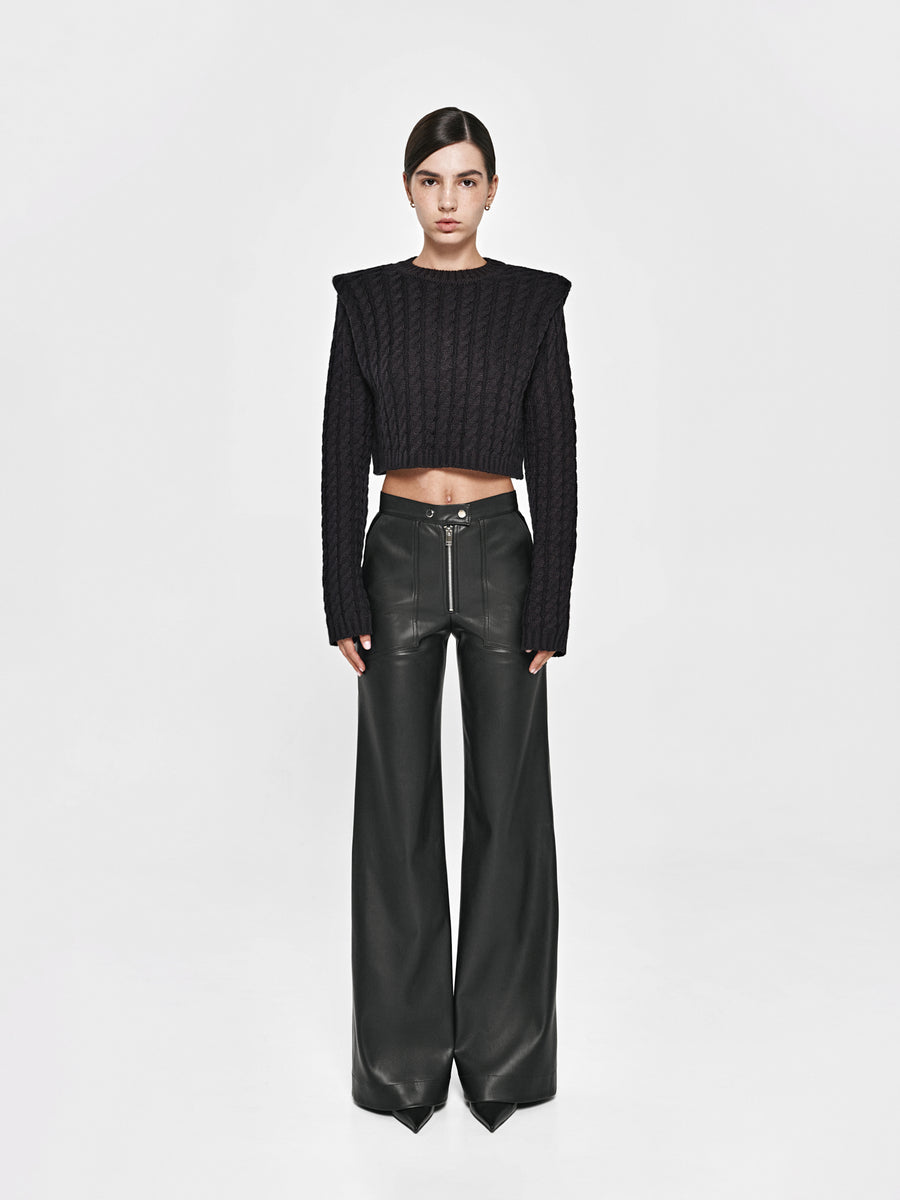 Black cropped sweater with textured shoulders
