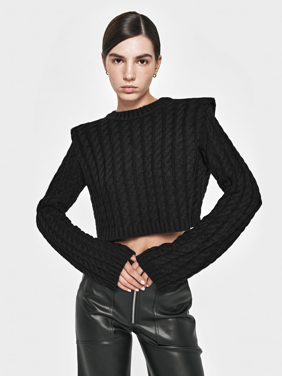 Black cropped sweater with textured shoulders