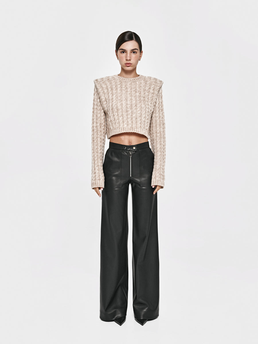 Beige cropped sweater with textured shoulders