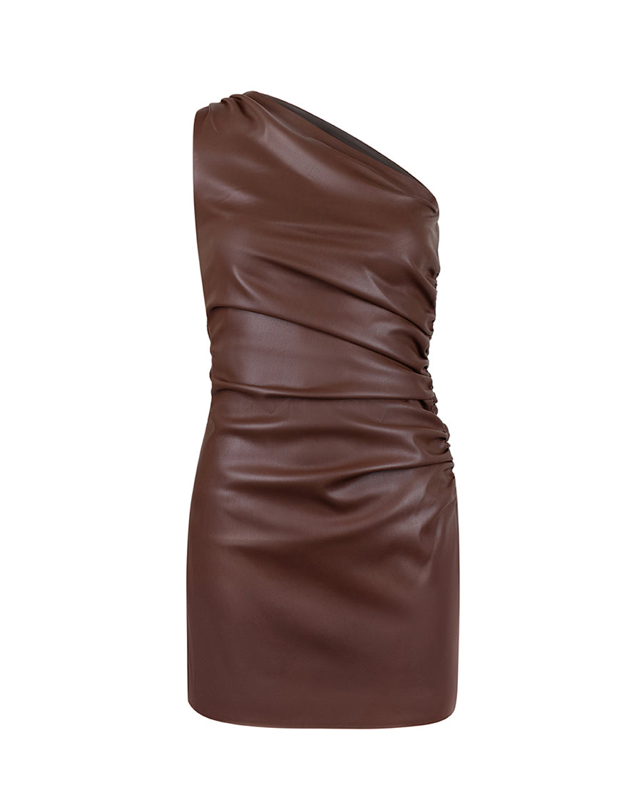 Brown vegan leather one shoulder mini dress