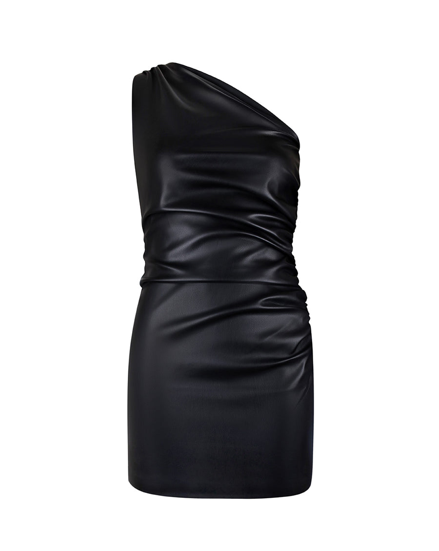 Сукня міні прилягаючого силуету на одне плече з екошкіри чорного кольору