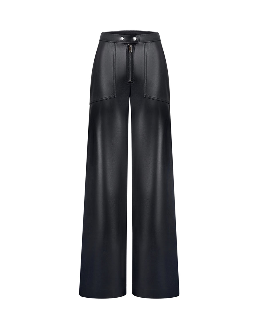 Black mid rise straight pants made of vegan leather with metal zipper