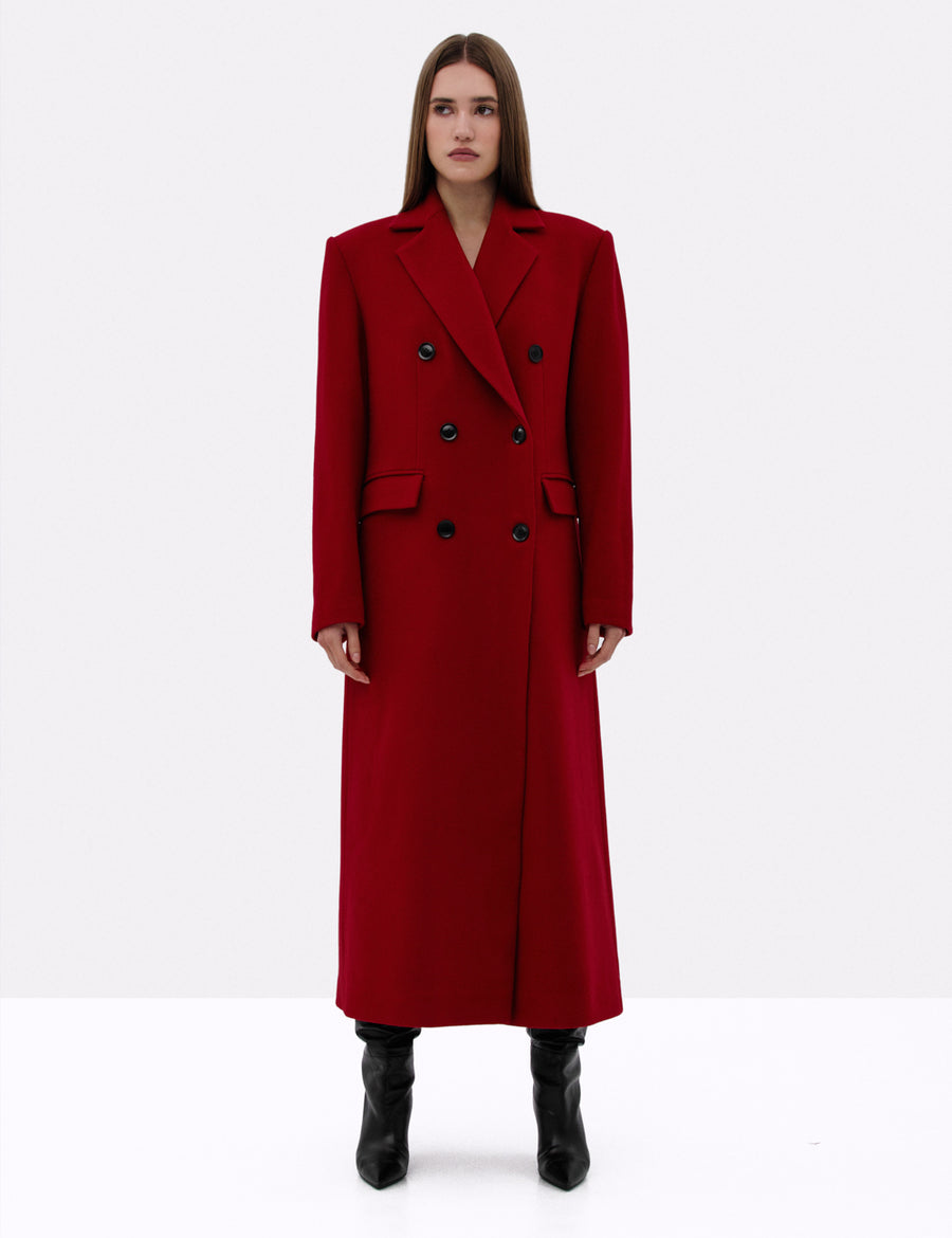 Довге двобортне пальто червоного кольору з кашеміром