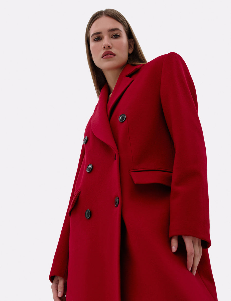 Довге двобортне пальто червоного кольору з кашеміром