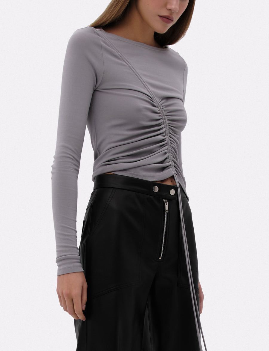 Gray long-sleeve top with front drawstring